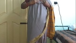  desi  indian tamil telugu kannada malayalam hindi horny cheating wife vanitha wearing grey colour saree  showing big boobs and shaved pussy press hard boobs press nip rubbing pussy masturbati