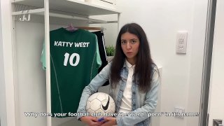 The recruiter of a football team picks up a young footballer in front of the stadium to fuck her 